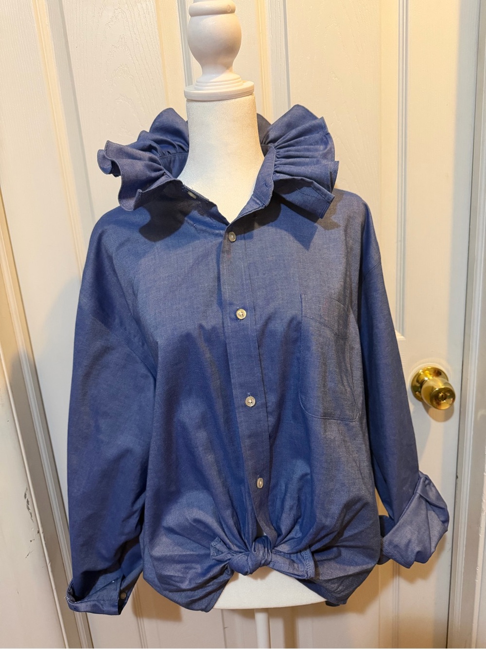 Women’s Upcycled One Of A Kind Ruffled Button Down Mens’s Lands End Shirt 17 1/2 - Picture 3 of 8